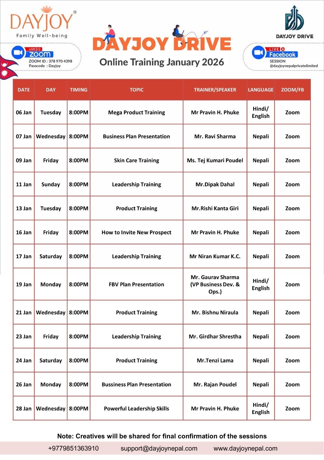 Dayjoy Zoom Training Schedule